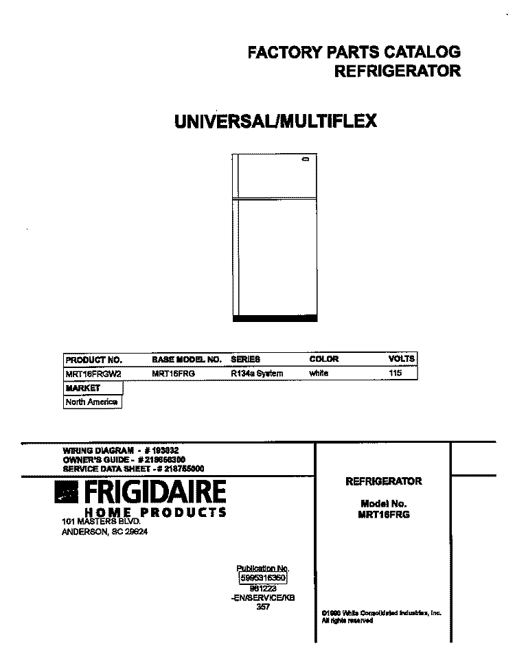 COVER Diagram and Parts List for MRT16FRGW2  Frigidaire Refrigerator