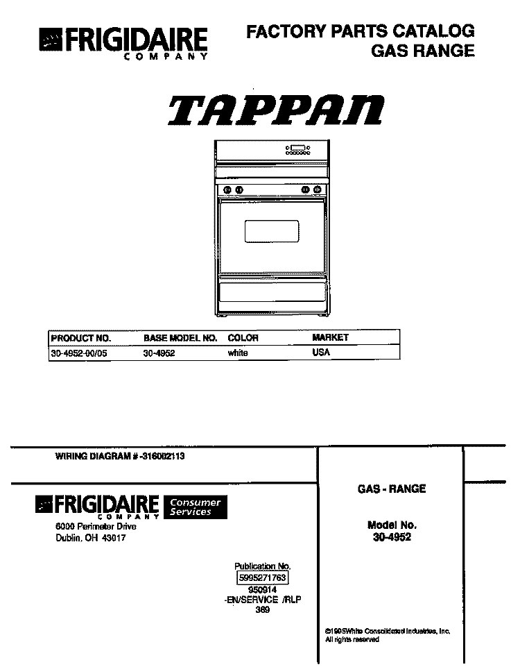 COVER Diagram and Parts List for 30-4952-00-05  Tappan Range