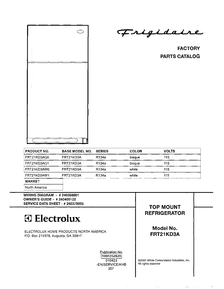 COVER Diagram and Parts List for FRT21KD3AW1  Frigidaire Refrigerator