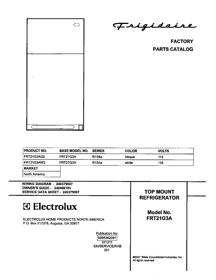 COVER Diagram and Parts List for FRT21G3AW2  Frigidaire Refrigerator