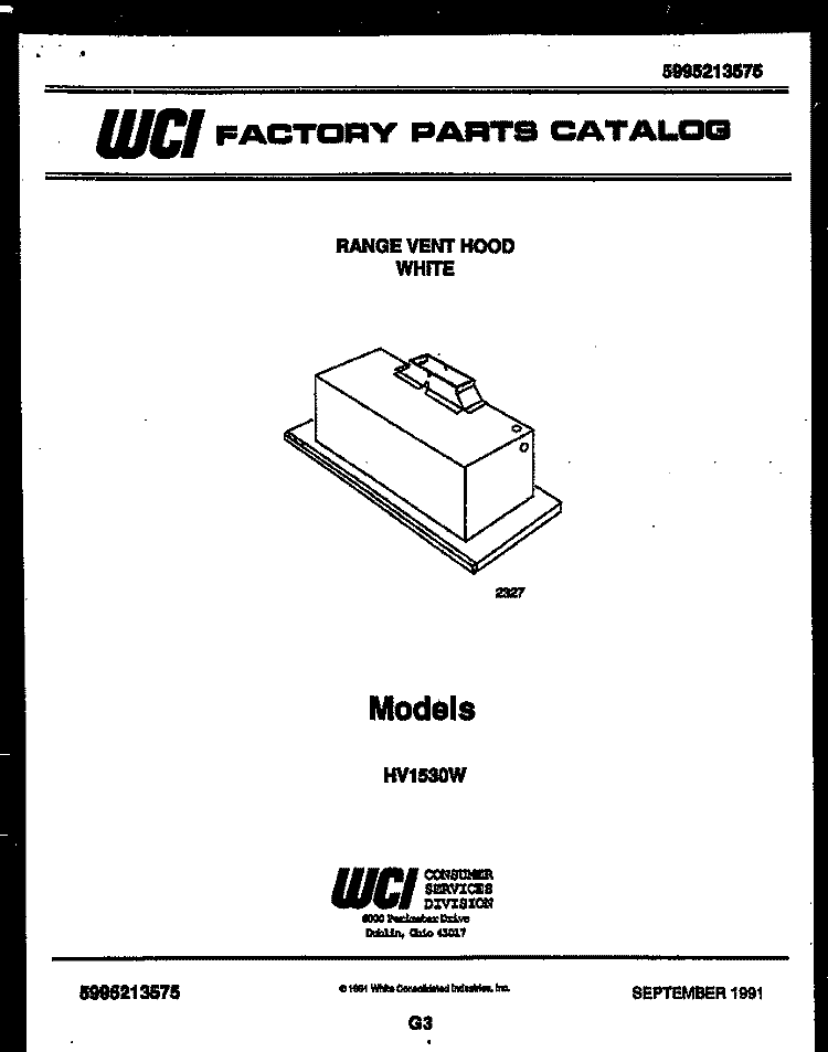 COVER Diagram and Parts List for HV1530W  Gibson Range Hood