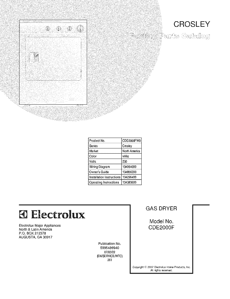 COVER Diagram and Parts List for CDG2000FW0  Crosley Dryer