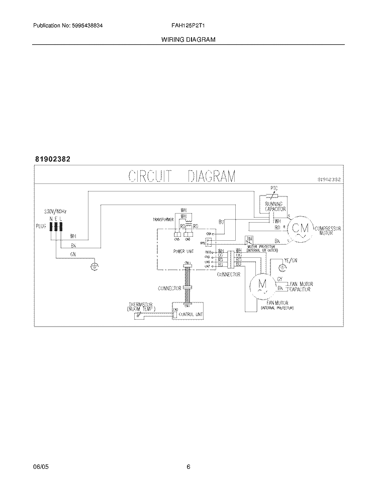 WIRING DIAGRAM Diagram and Parts List for FAH125P2T1  Frigidaire Air Conditioner
