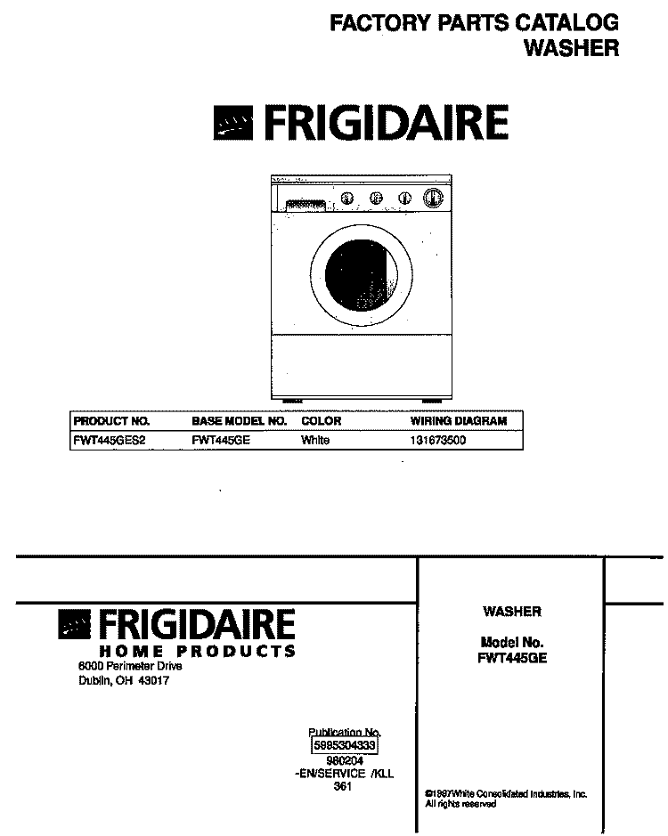 COVER Diagram and Parts List for FWT445GES2  Frigidaire Washer