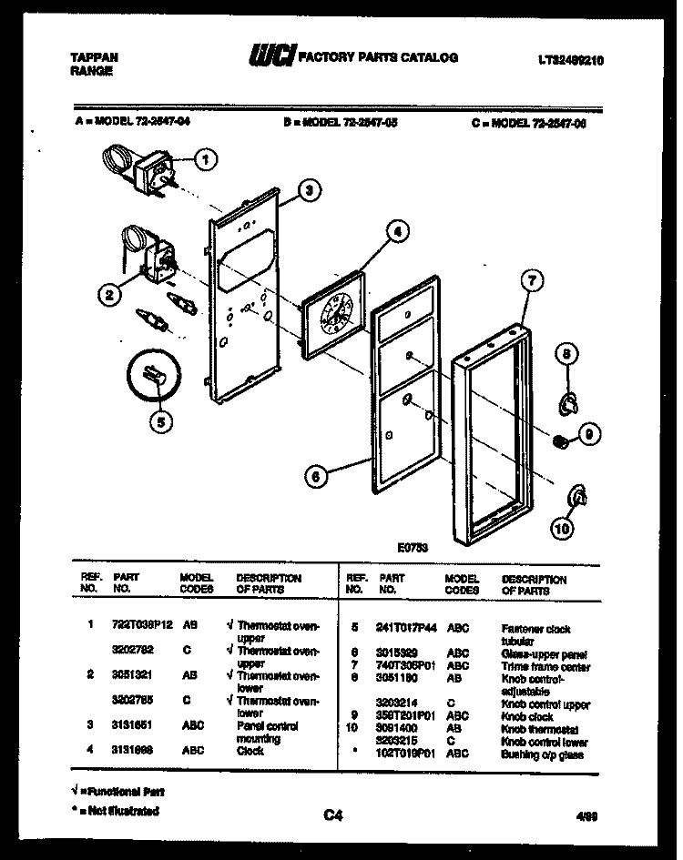 CONTROL PANEL Diagram and Parts List for 72-2547-66-04  Tappan Range