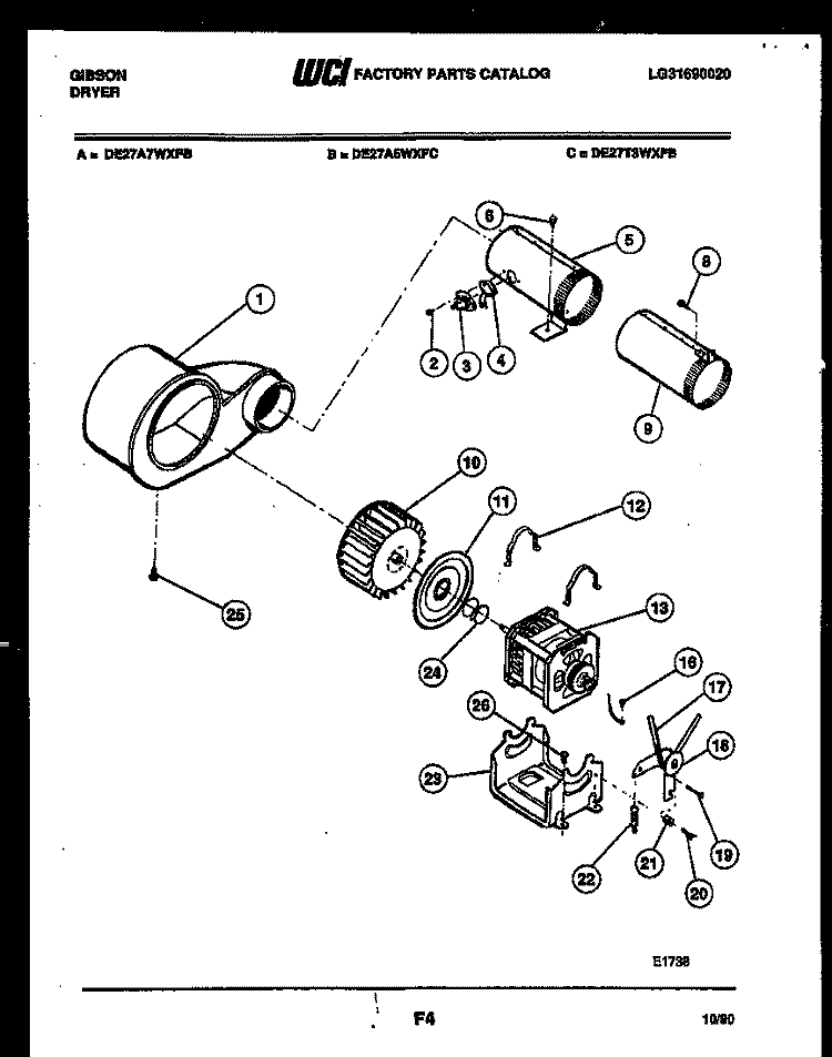 MOTOR AND BLOWER PARTS Diagram and Parts List for DE27A7WXFB  Gibson Dryer