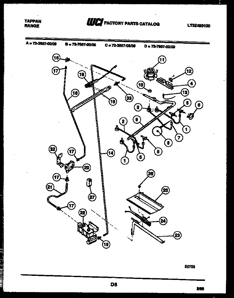 BURNER, MANIFOLD AND GAS CONTROL Diagram and Parts List for 72-3657-00-08  Tappan Range