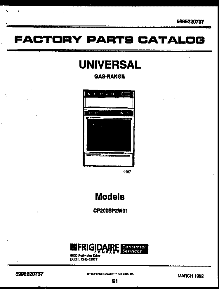 COVER Diagram and Parts List for CP200SP2W1  Frigidaire Range