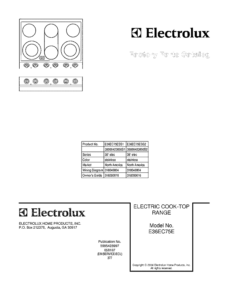 COVER Diagram and Parts List for E36EC75ESS2  Electrolux Cooktop