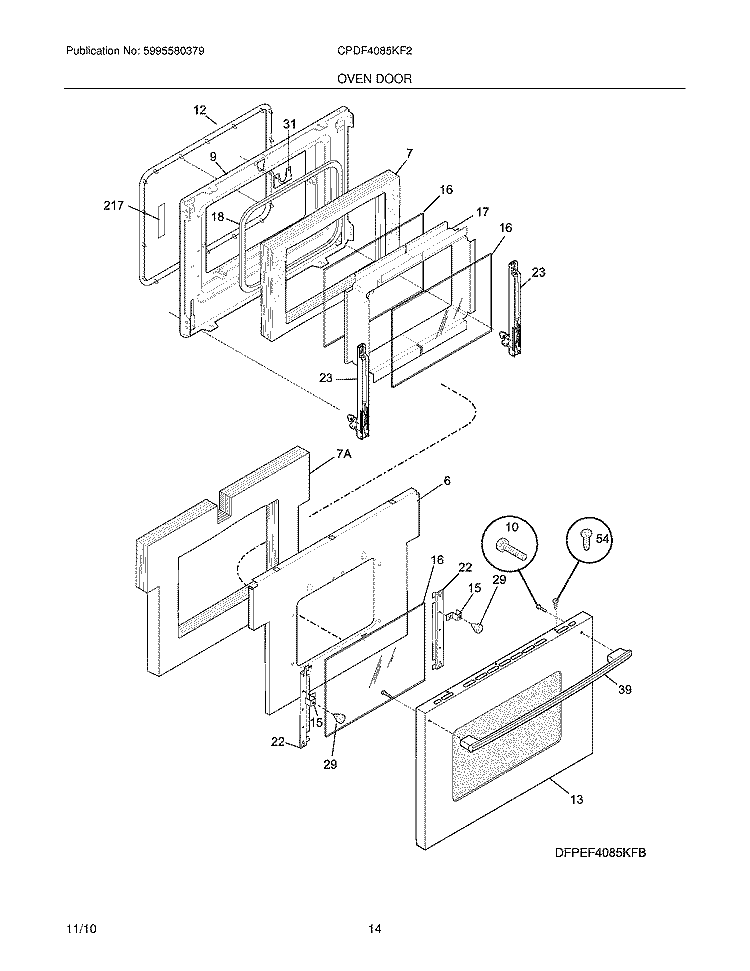 OVEN DOOR Diagram and Parts List for CPDF4085KF2  Frigidaire Range