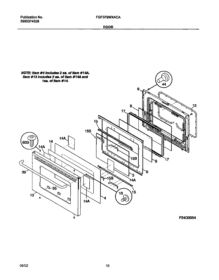 DOOR Diagram and Parts List for FGF379WXACA  Frigidaire Range