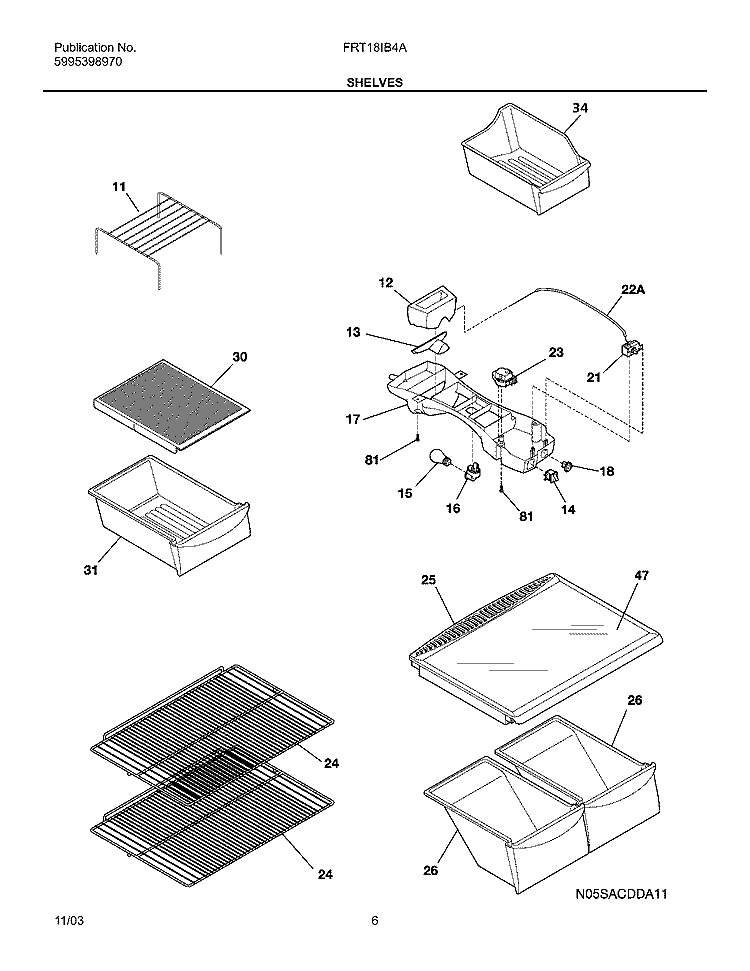 SHELVES Diagram and Parts List for FRT18IB4AT8  Frigidaire Refrigerator