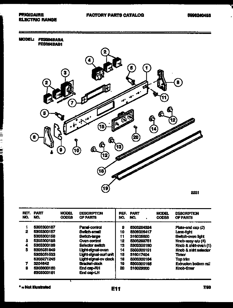 CONTROL PANEL Diagram and Parts List for FES354BABA  Frigidaire Range