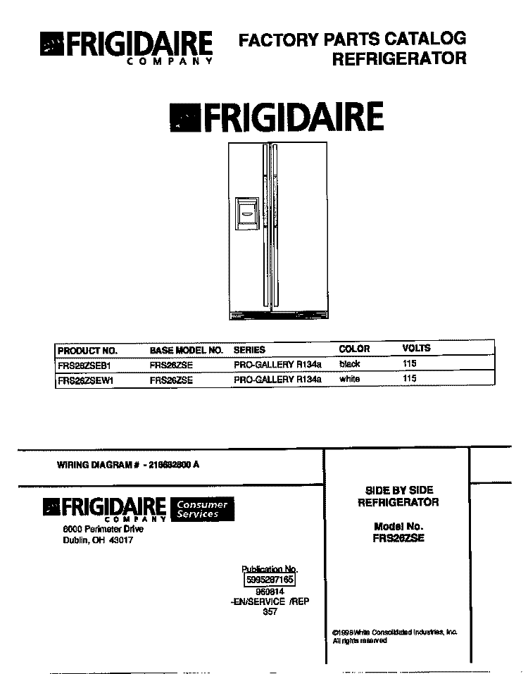 COVER Diagram and Parts List for FRS26ZSEB1  Frigidaire Refrigerator