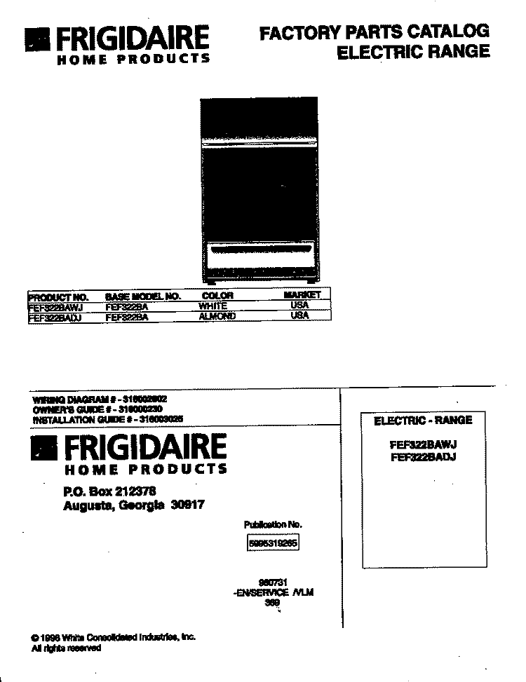 COVER Diagram and Parts List for FEF322BADJ  Frigidaire Range