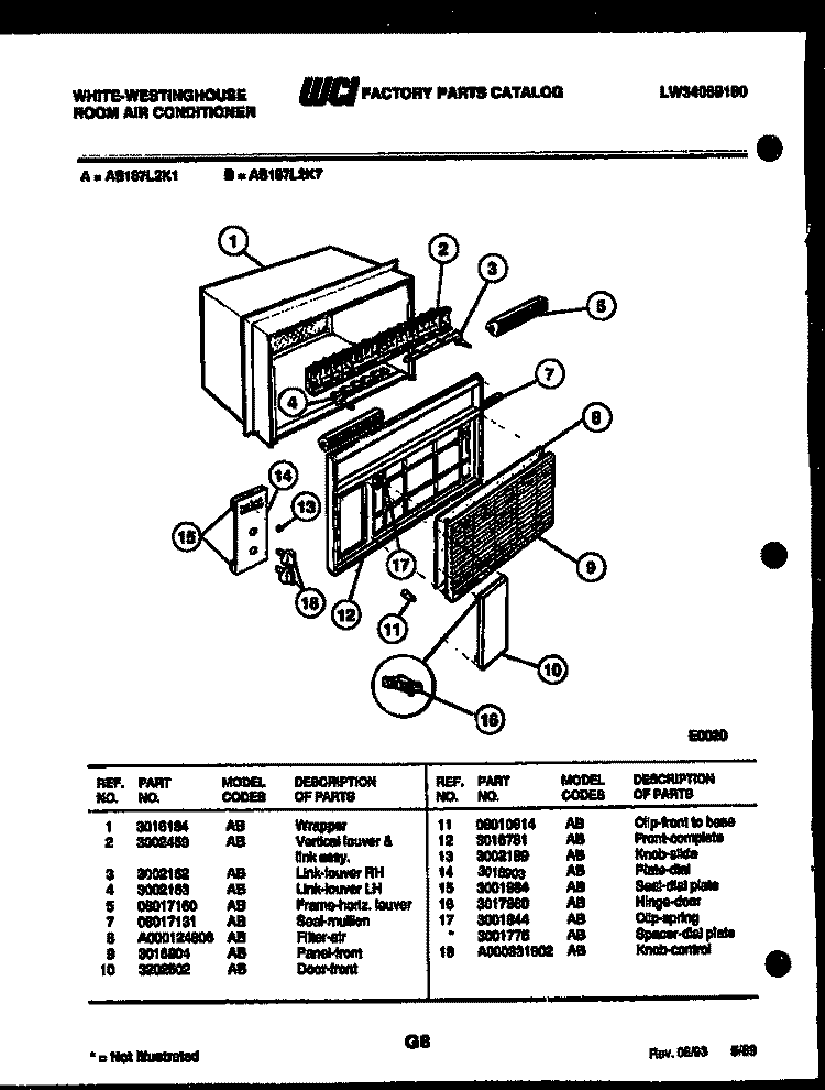 CABINET PARTS Diagram and Parts List for AS187L2K7  Frigidaire Air Conditioner