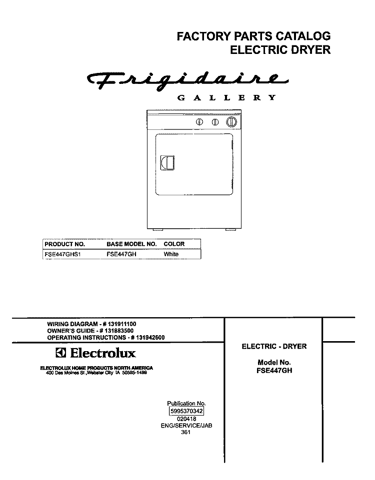 COVER Diagram and Parts List for FSE447GHS1  Frigidaire Dryer