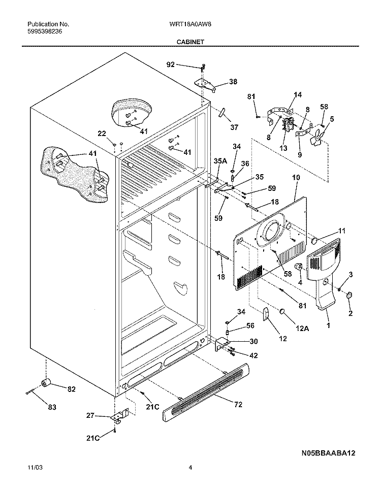 CABINET Diagram and Parts List for WRT18A0AW8  Westinghouse Refrigerator