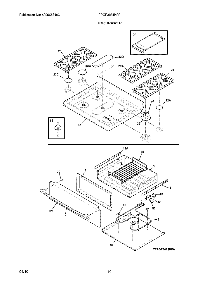 TOP/DRAWER Diagram and Parts List for FPGF3081KFF  Frigidaire Range