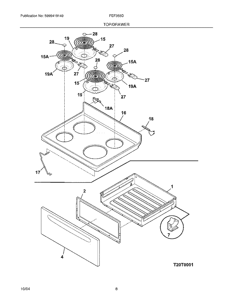 TOP / DRAWER Diagram and Parts List for FEF355DQA  Frigidaire Range