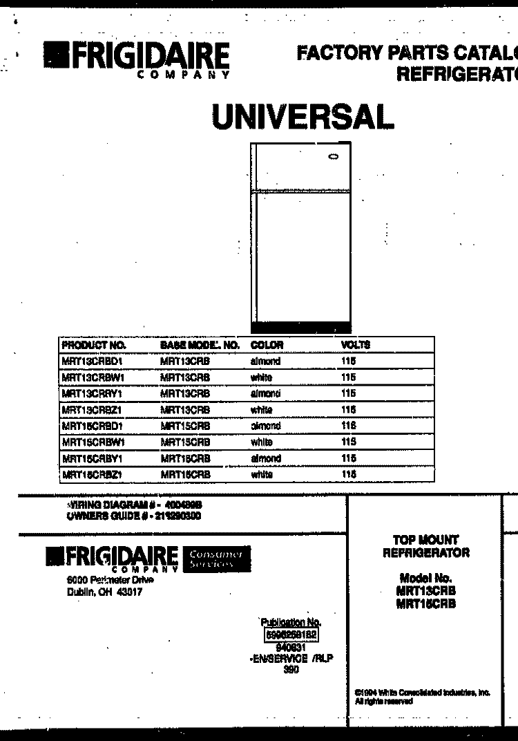 COVER Diagram and Parts List for MRT15CRBZ1  Uni Refrigerator