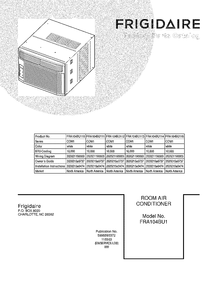 COVER Diagram and Parts List for FRA104BU110  Frigidaire Air Conditioner