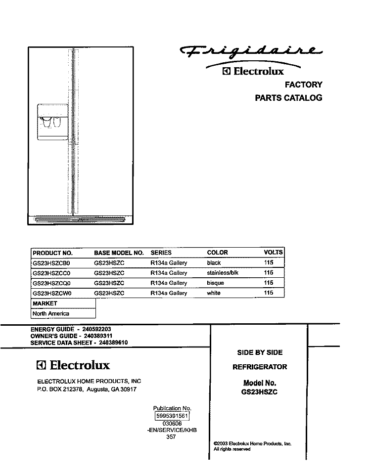 COVER Diagram and Parts List for GS23HSZCC0  Frigidaire Refrigerator
