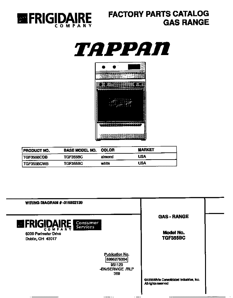 COVER Diagram and Parts List for TGF355BCWB  Tappan Range