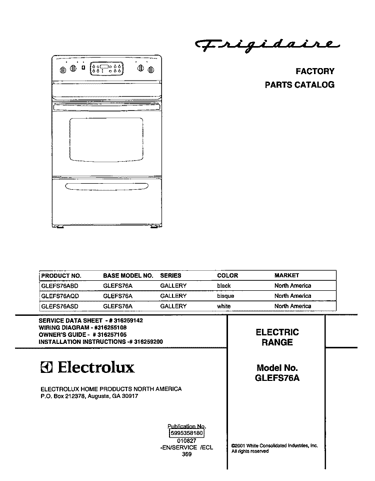 COVER Diagram and Parts List for GLEFS76AQD  Frigidaire Range