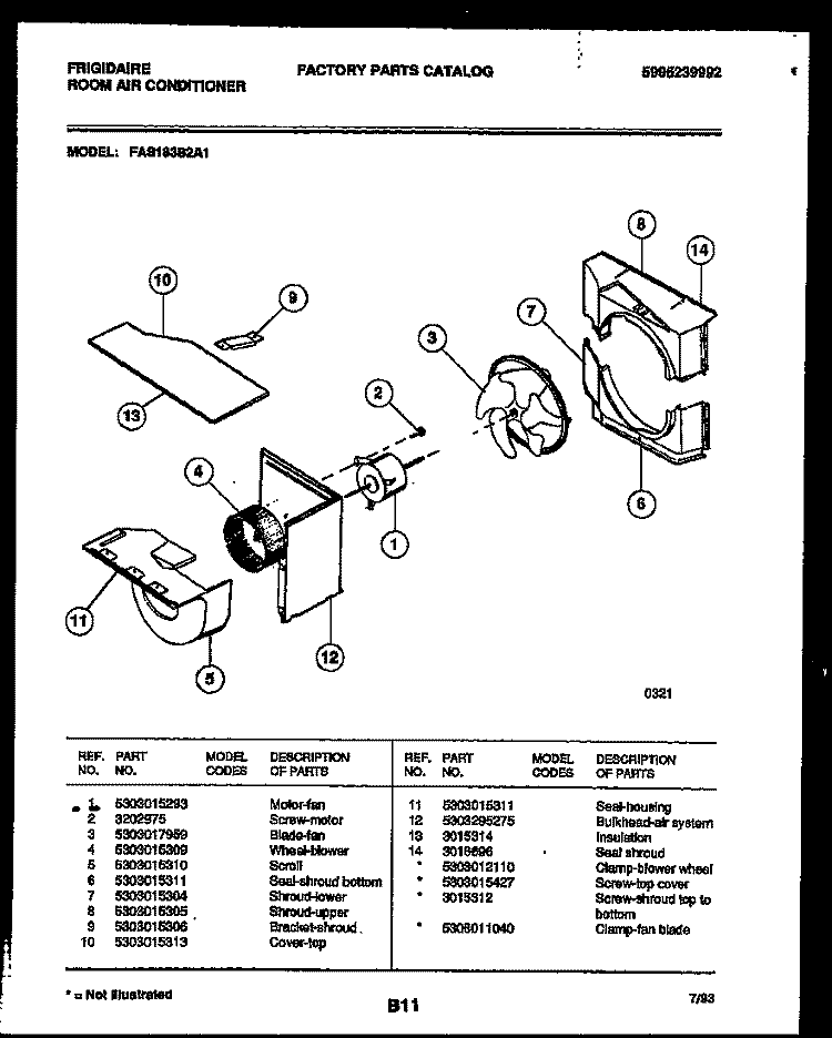 AIR HANDLING PARTS Diagram and Parts List for FAS183S2A1  Frigidaire Air Conditioner
