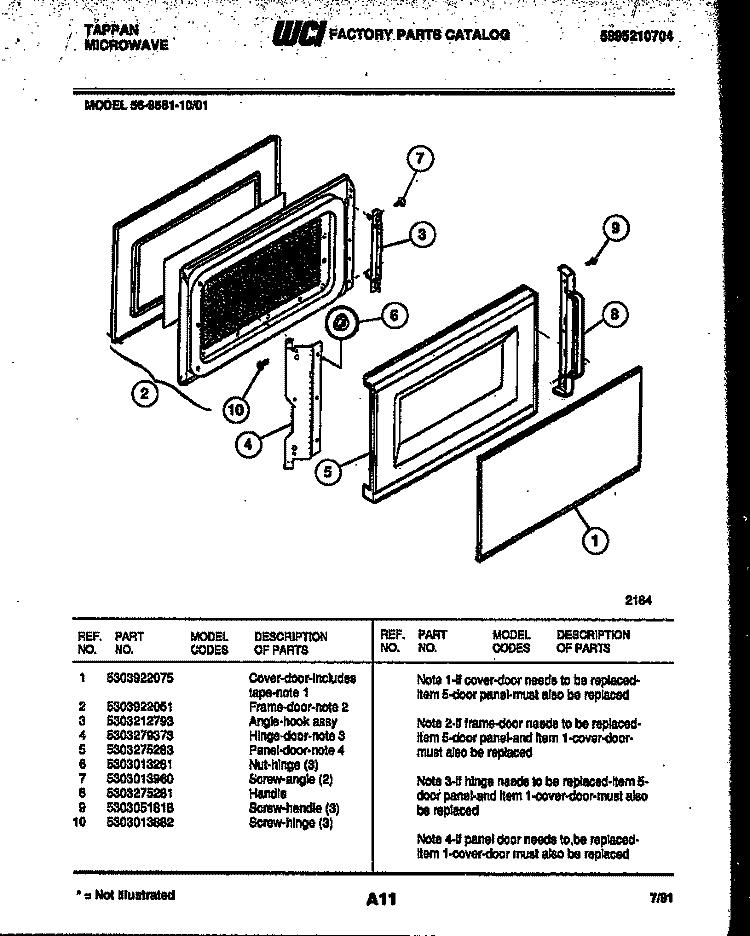 DOOR PARTS Diagram and Parts List for 56-9581-10-01  Tappan Microwave