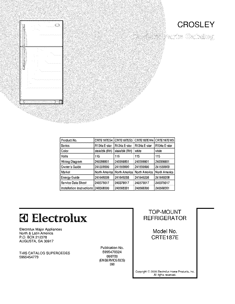 COVER Diagram and Parts List for CRTE187ES4  Crosley Refrigerator