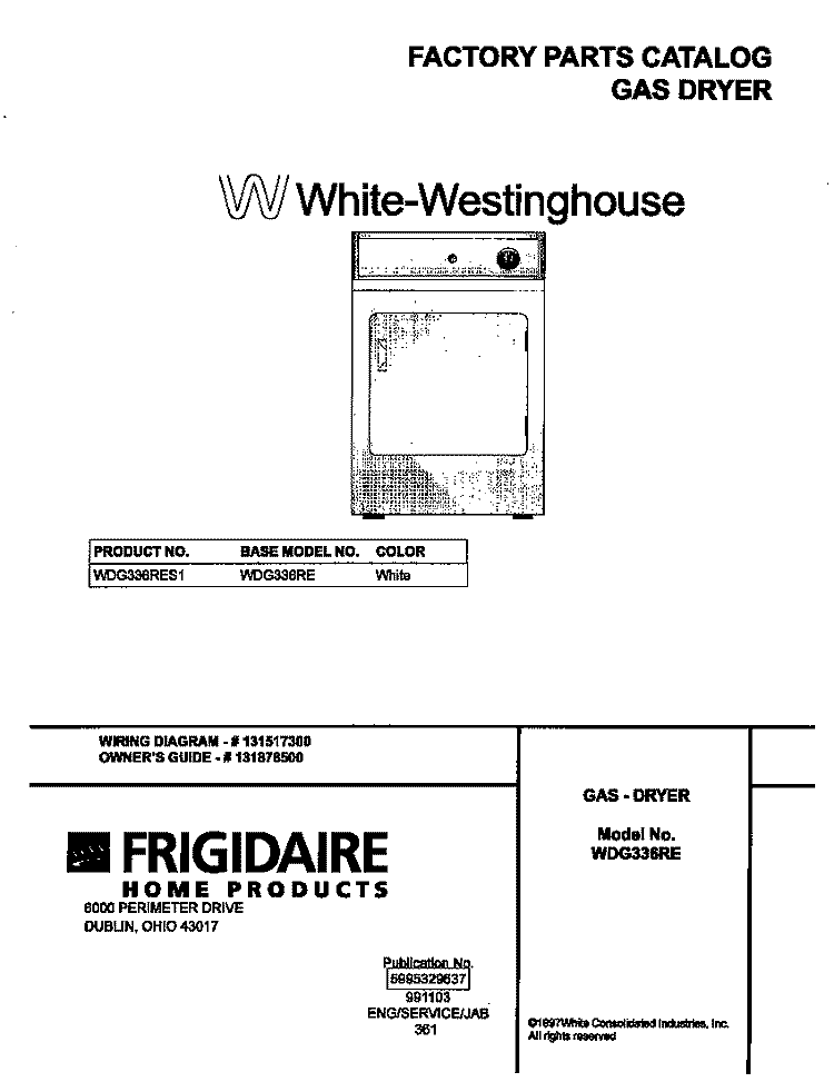COVER Diagram and Parts List for WDG336RES1  Frigidaire Dryer