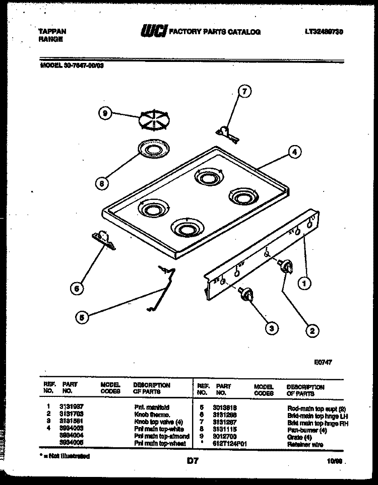 COOKTOP PARTS Diagram and Parts List for 30-7647-23-03  Tappan Range