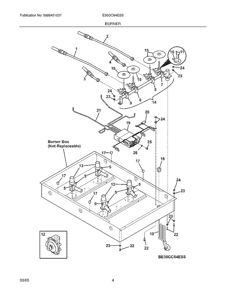 BURNER Diagram and Parts List for E30GC64ESS  Electrolux Cooktop