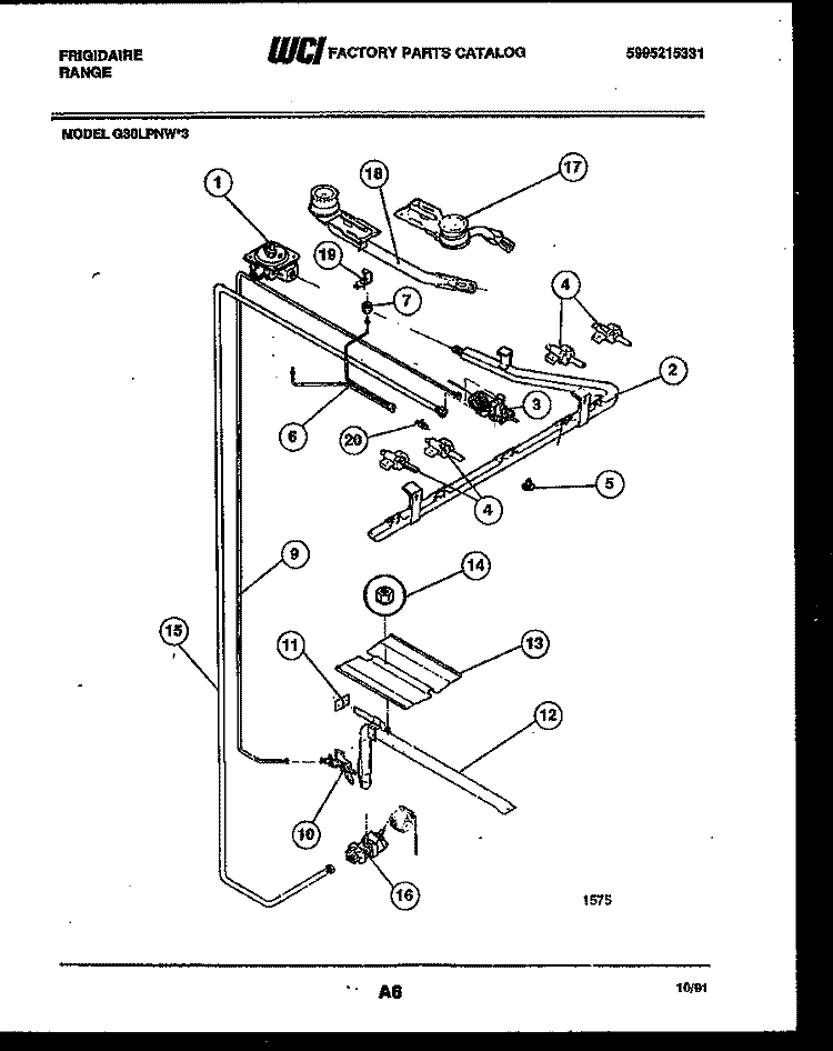 BURNER, MANIFOLD AND GAS CONTROL Diagram and Parts List for G30LPNL3  Frigidaire Range
