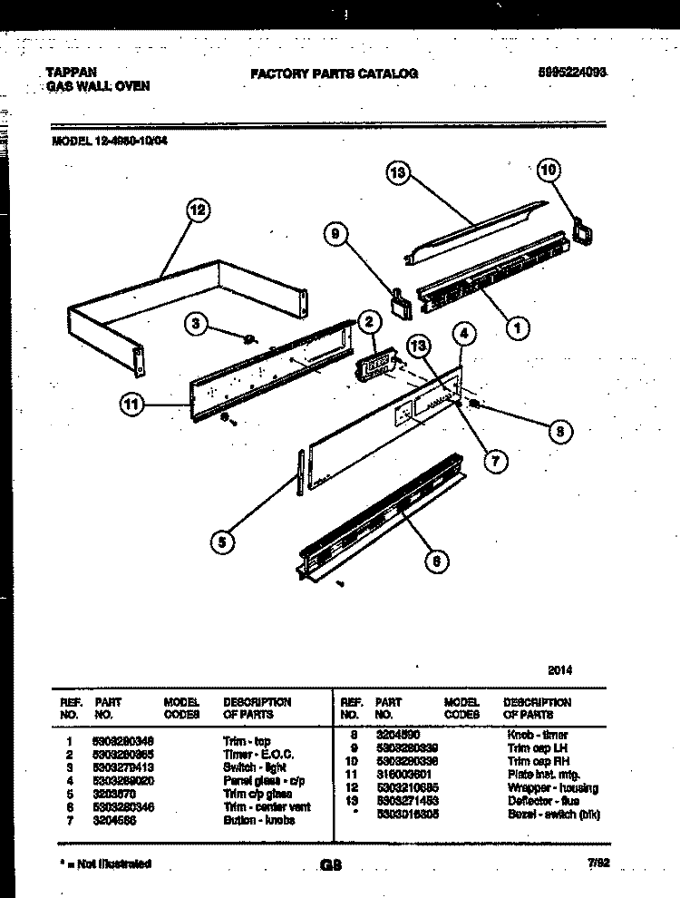 CONTROL PANEL Diagram and Parts List for 12-4980-00-04  Tappan Wall Oven