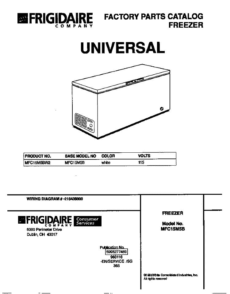 COVER Diagram and Parts List for MFC15M5BW2  Frigidaire Freezer
