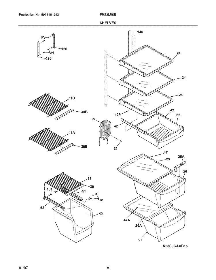 SHELVES Diagram and Parts List for FRS3LR5EM1  Frigidaire Refrigerator