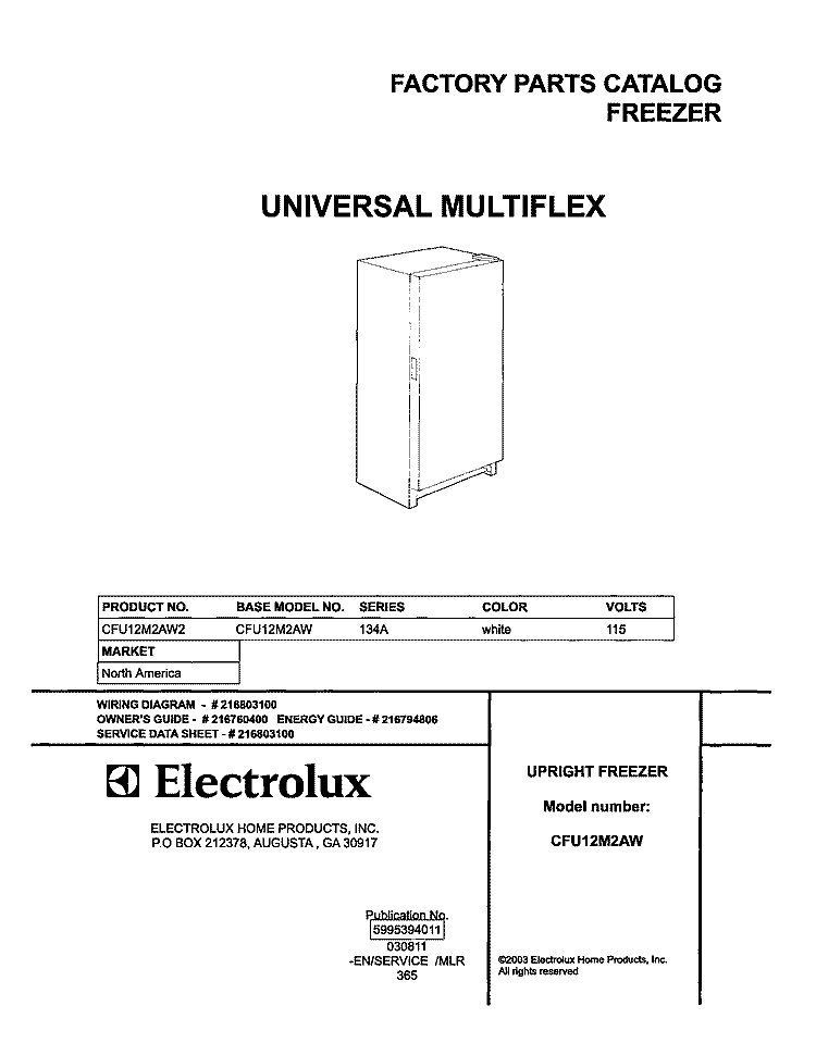 COVER Diagram and Parts List for CFU12M2AW2  Uni Freezer