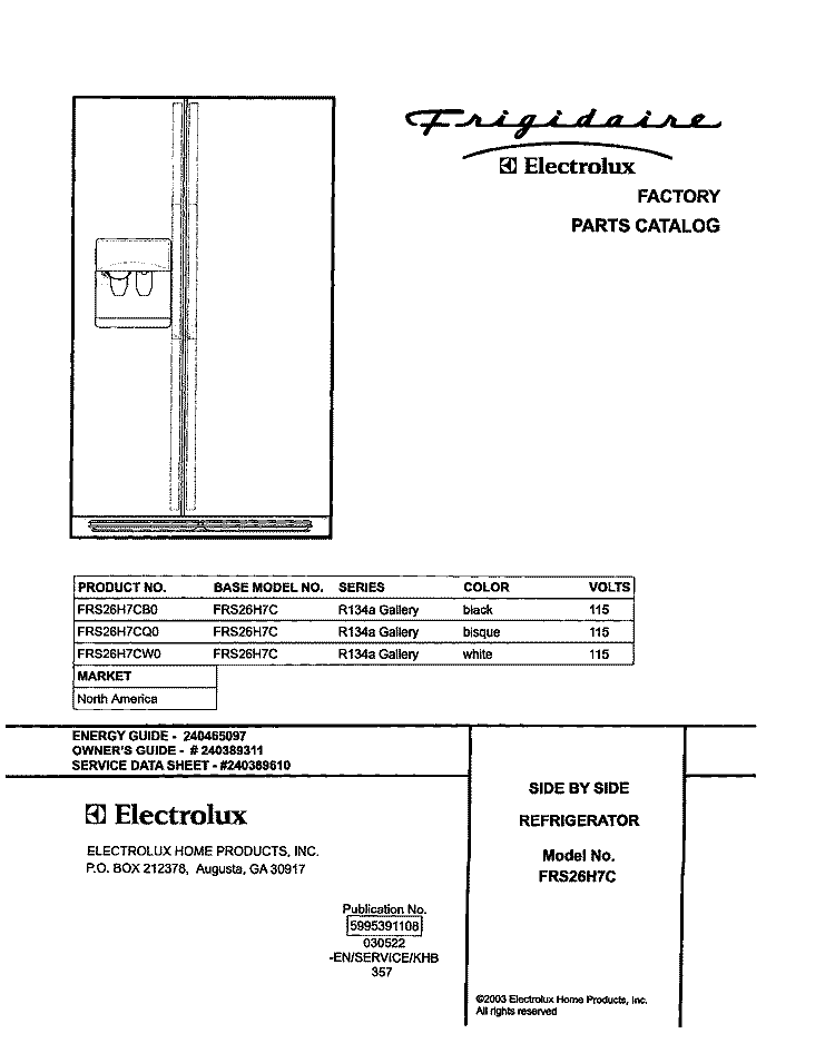 COVER Diagram and Parts List for FRS26H7CW0  Frigidaire Refrigerator