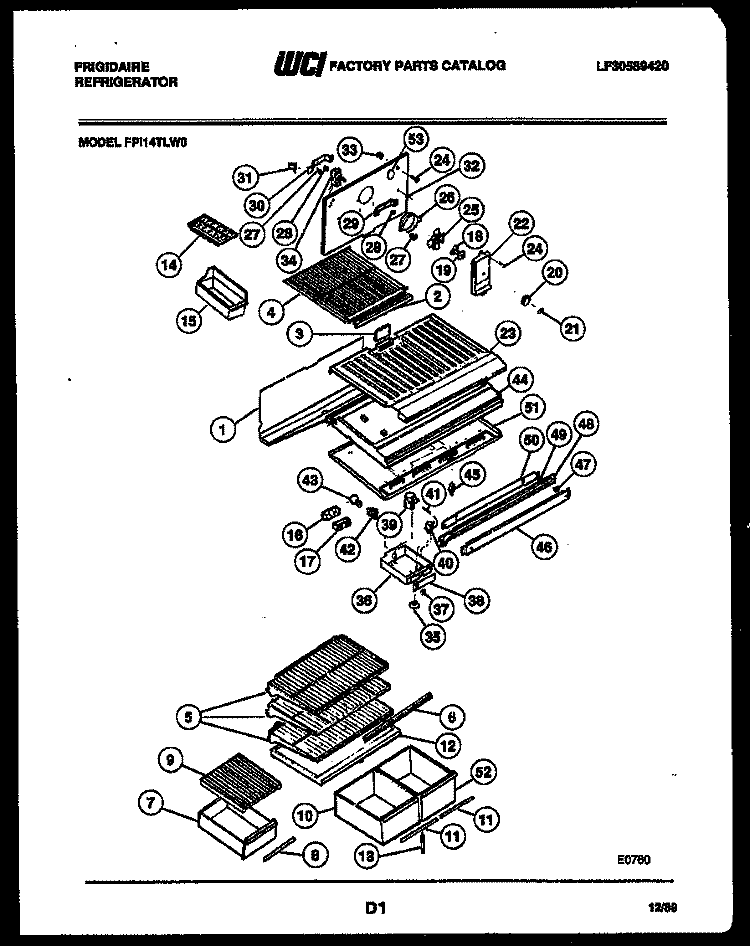 SHELVES AND SUPPORTS Diagram and Parts List for FPI14TLL0  Frigidaire Refrigerator