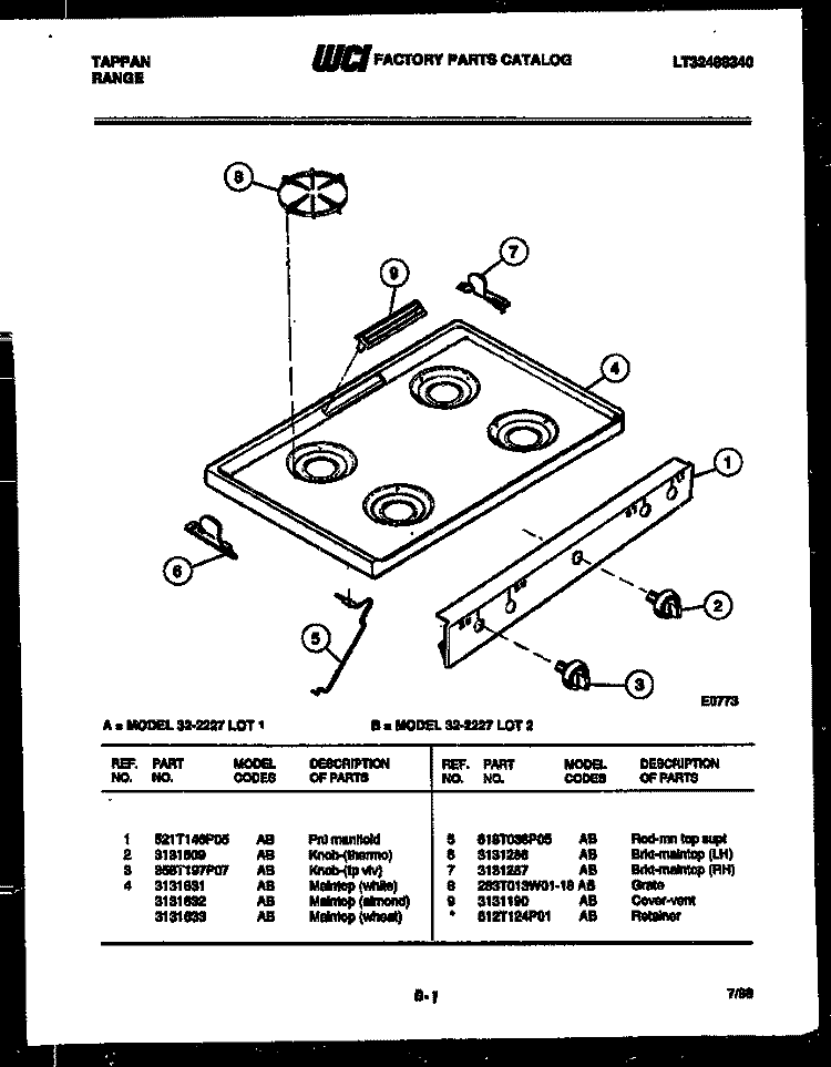 COOKTOP PARTS Diagram and Parts List for 32-2227-00-01  Tappan Range