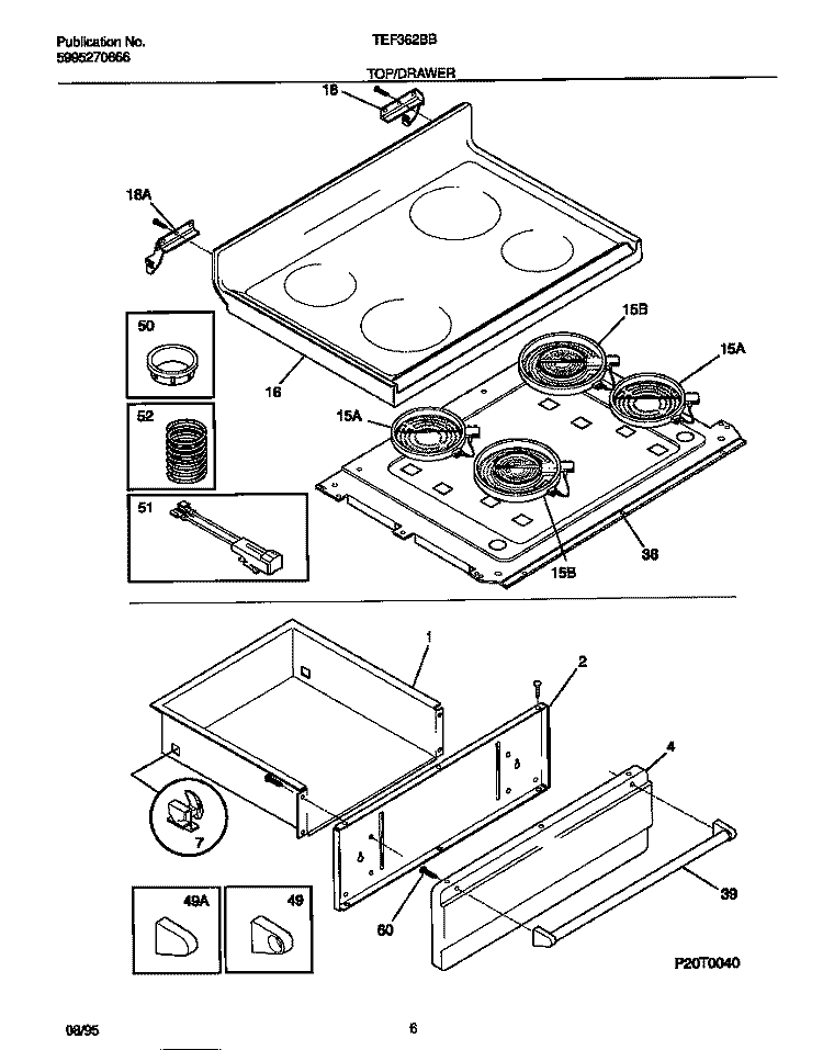 TOP / DRAWER Diagram and Parts List for TEF362BBBC  Tappan Range