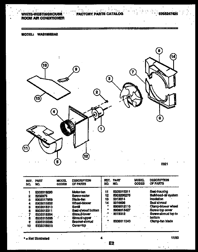 AIR HANDLING PARTS Diagram and Parts List for WAS183S2A2  Frigidaire Air Conditioner