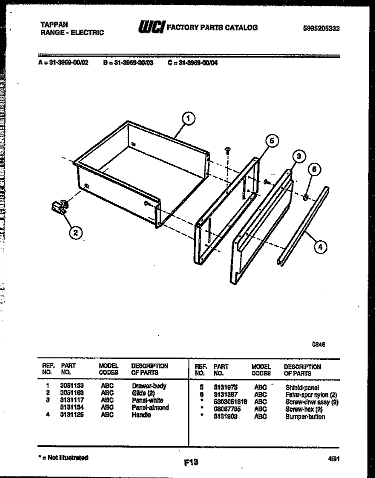 DRAWER PARTS Diagram and Parts List for 31-3969-23-03  Frigidaire Range