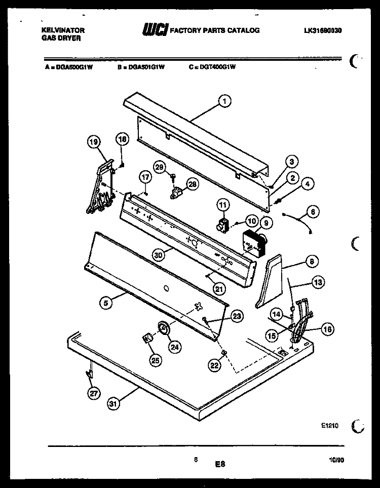 CONSOLE AND CONTROL PARTS Diagram and Parts List for DGA500G1D  Kelvinator Dryer