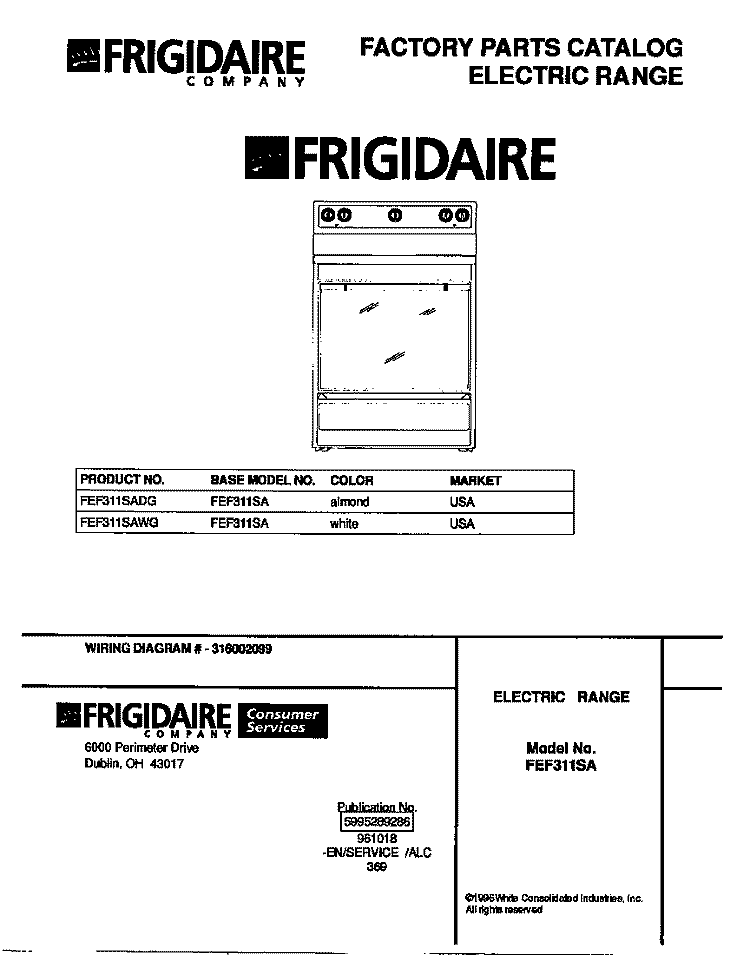 COVER Diagram and Parts List for FEF311SAWG  Frigidaire Range