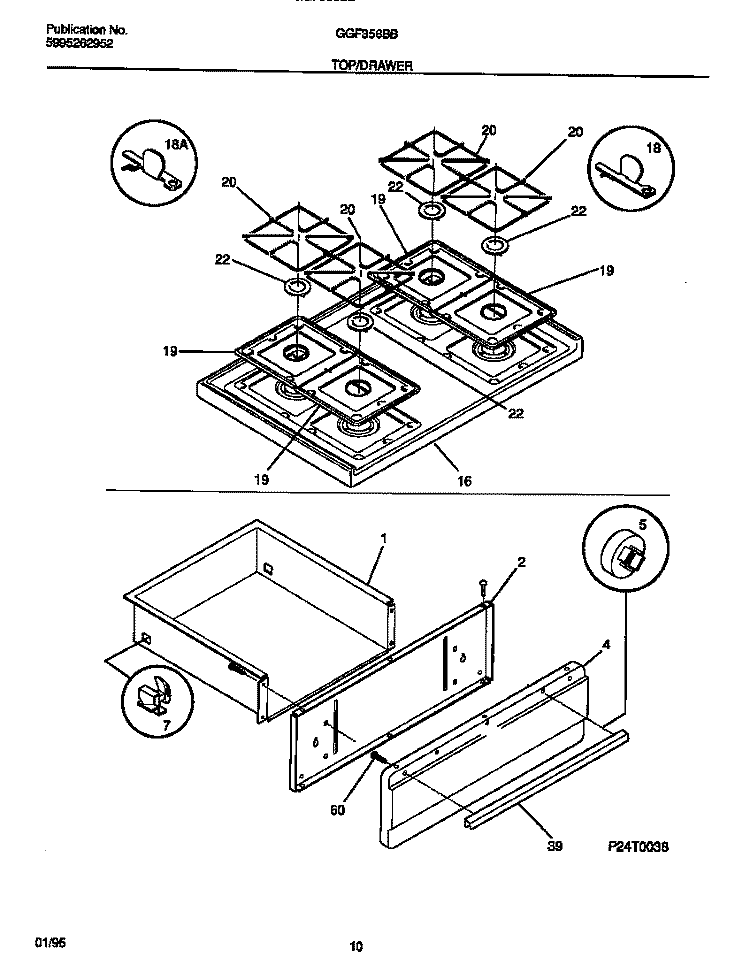 TOP / DRAWER Diagram and Parts List for GGF356BBDB  Gibson Range
