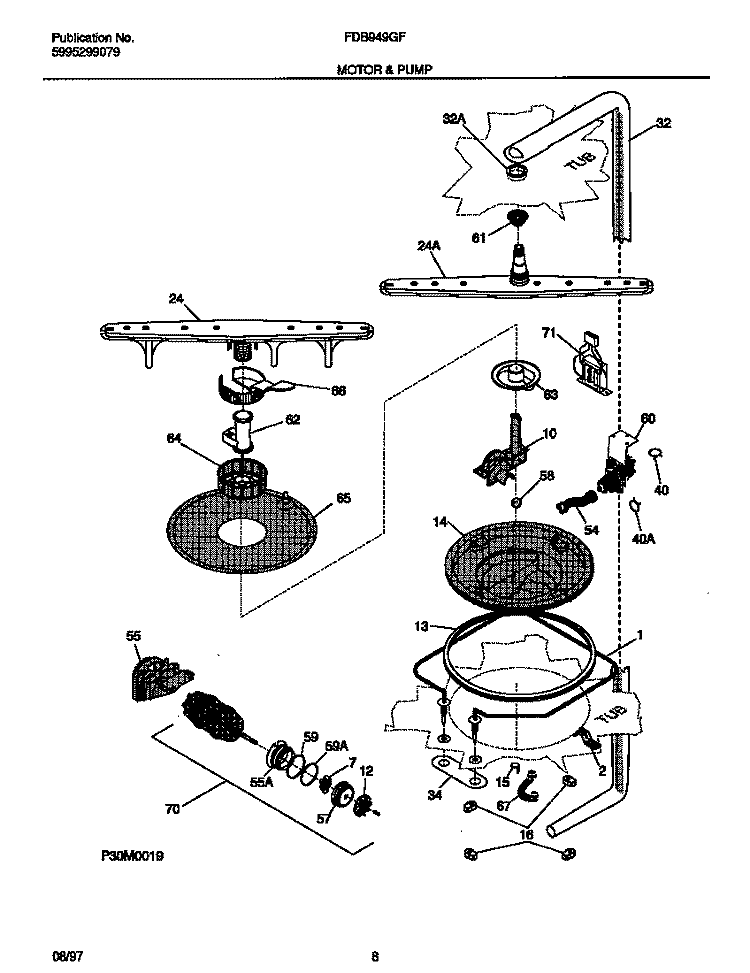 MOTOR & PUMP Diagram and Parts List for FDB949GFB0  Frigidaire Dishwasher